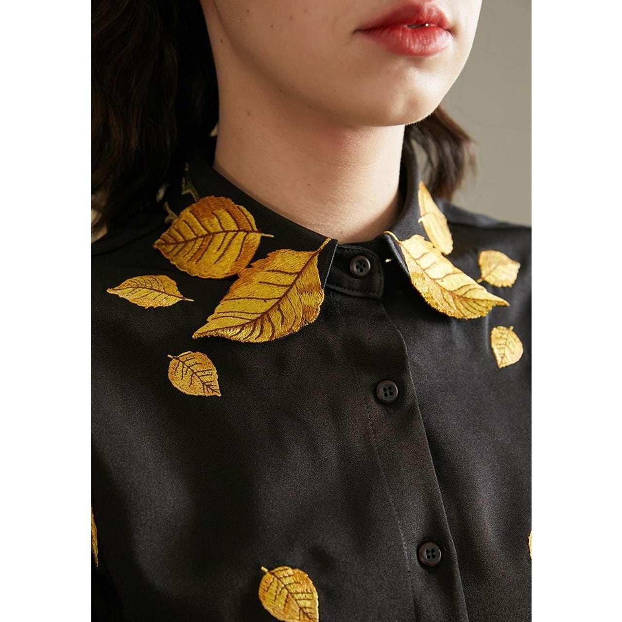 Golden leaves 刺繍 ブラックシャツ (kai0420) | Shelluits