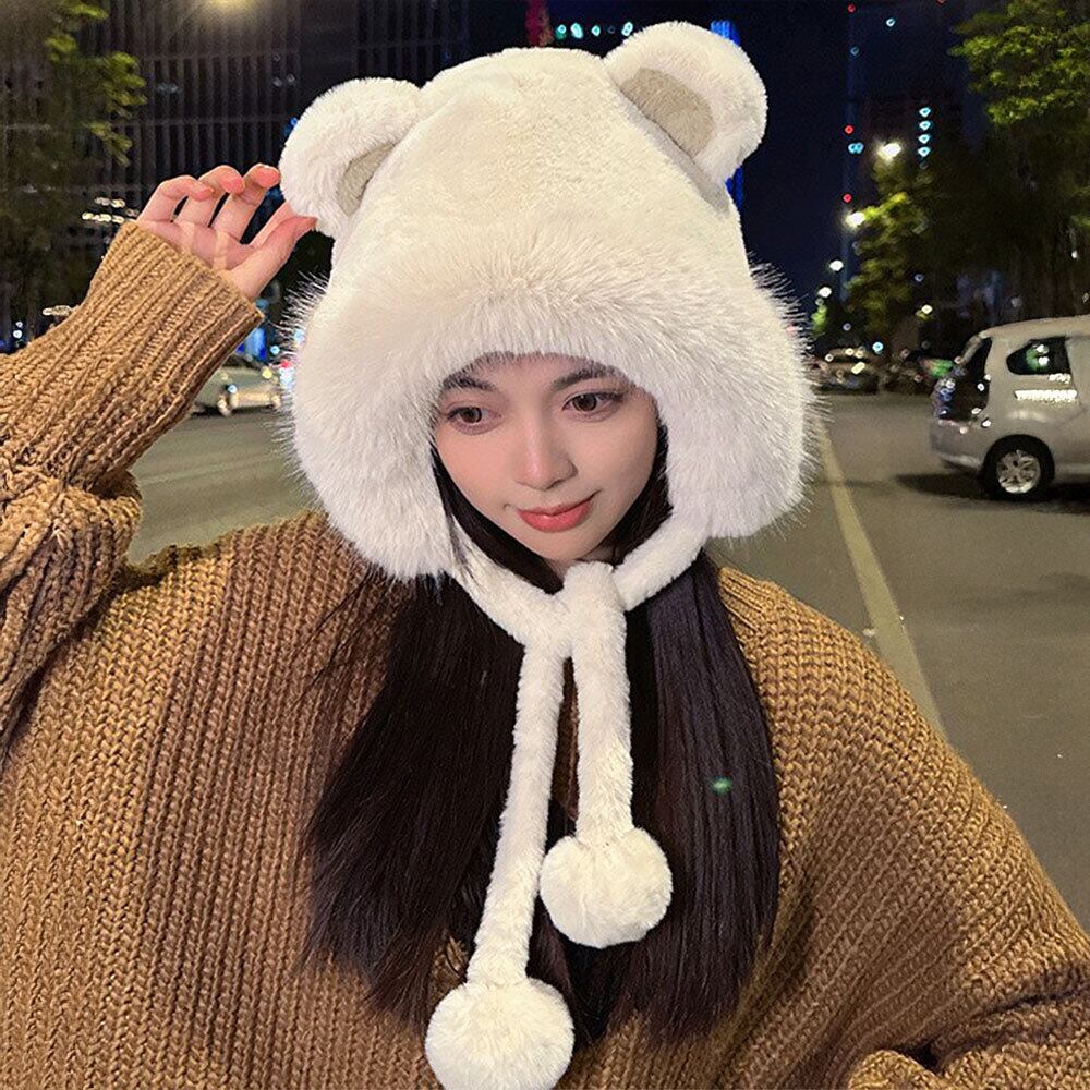 くま耳 ファー ハット レディース 韓国 帽子 防寒 保温 おしゃれ 大人 かわいい 暖かい 柔らかい 小顔 ふわふわ ポンポン付き 大人可愛い 大人女子
