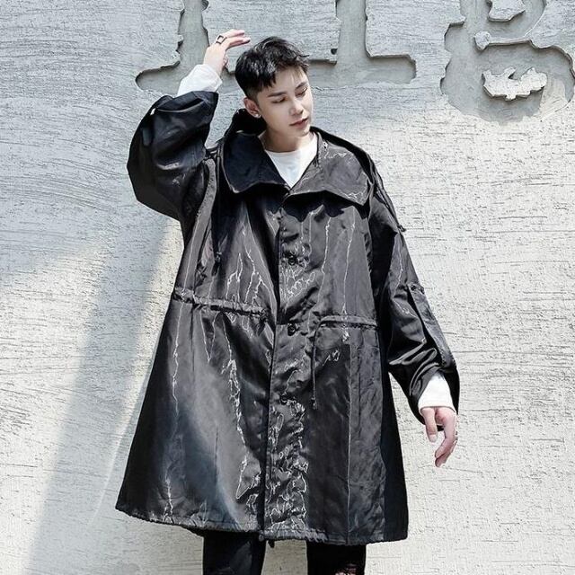 予約販売】コート メンズ ミドル丈 フード付き 光沢 ビッグシルエット