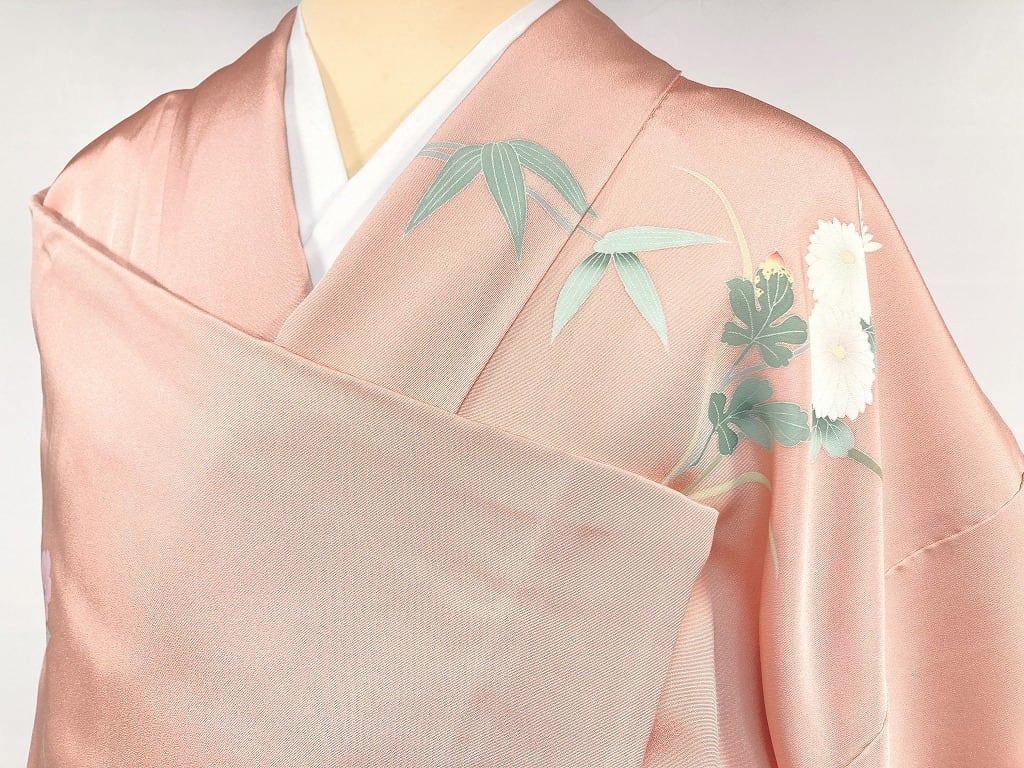 手描き友禅 四季の花々 訪問着 袷 正絹 サーモンピンク クリーム 白