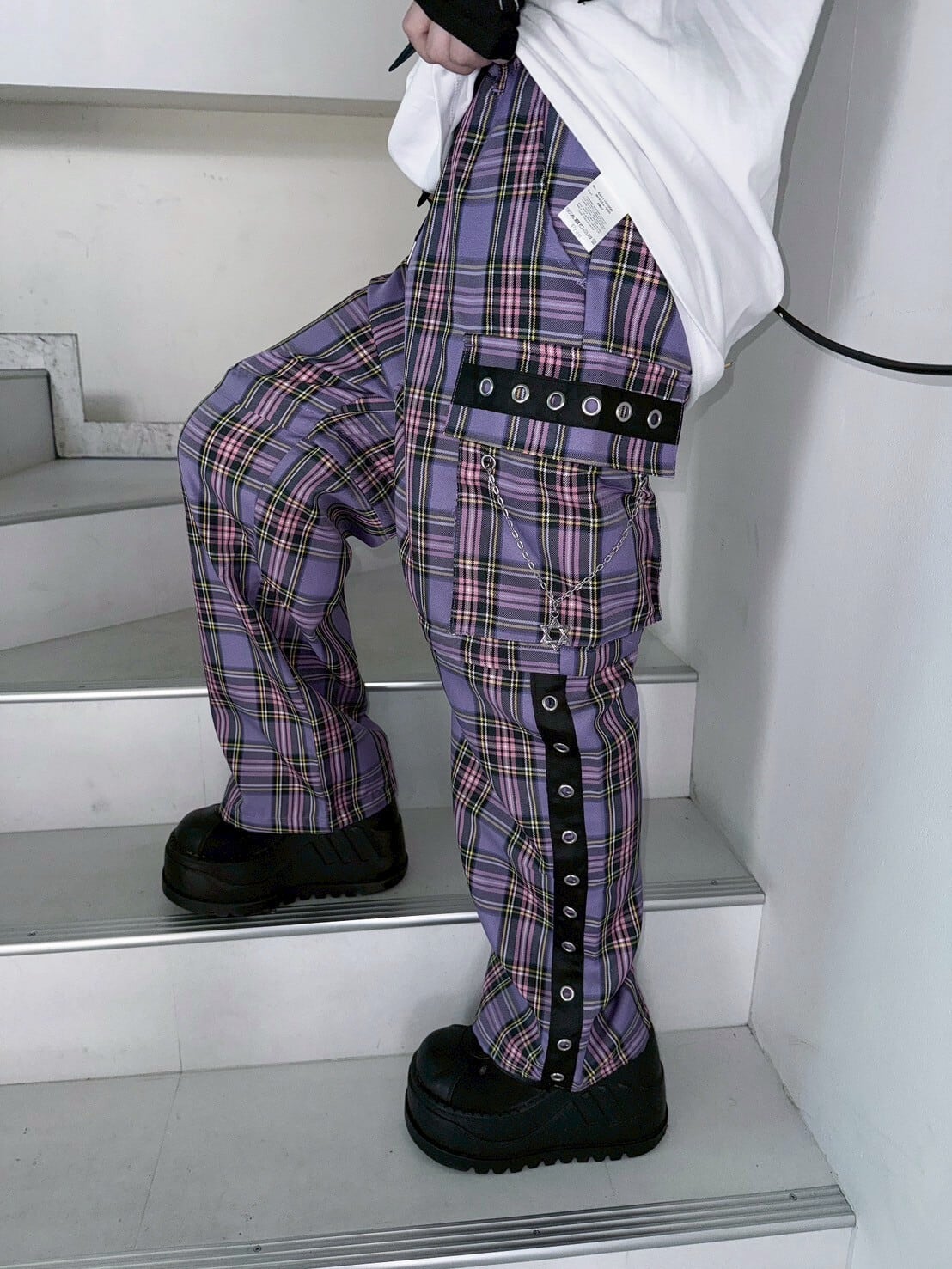 【 PSYCHO NATION 】734706  チェック脱着カーゴパンツ ボトムス ジャージ ストリート サブカル 地雷系  ユニセックス