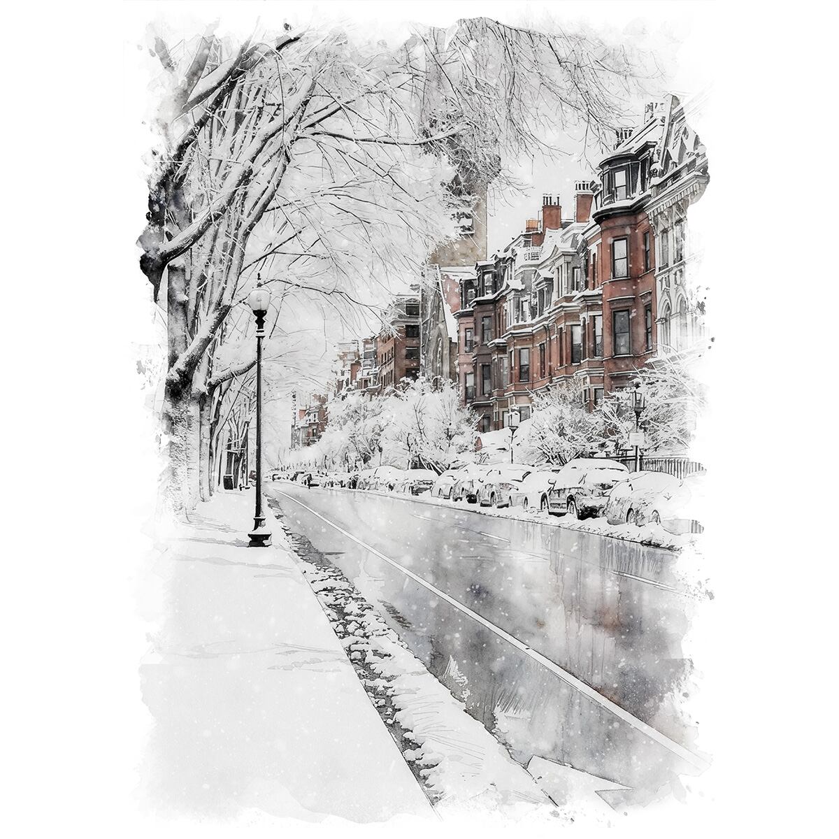 絵画 アメリカ 風景画(街並み) 冬 雪が降る ボストン インテリアアート額付き 水彩画・油絵調 WAT0364