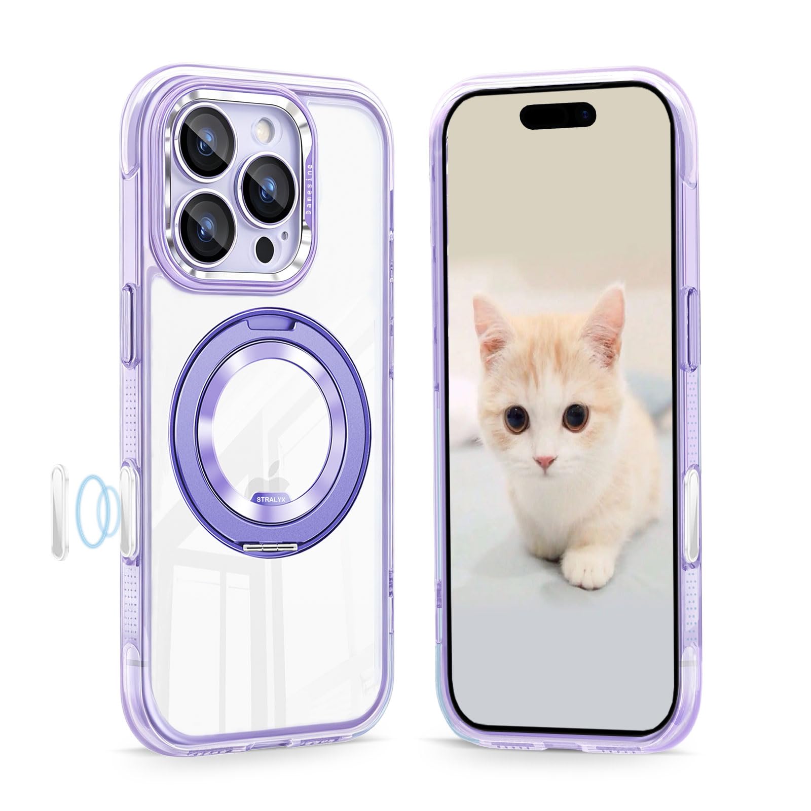DAMESINE iPhone 16Pro用ケース クリアパープル MagSafe対応 360°回転リングスタンドマグネット搭載 薄型 エアクッション内蔵耐衝撃 黄変防止 着脱可能カメラカバーキラキラ カメラコントロールボタン付き かわいいアイホン16プロケース クリアパープル