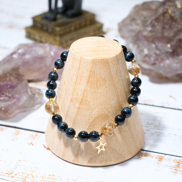 【華やかなる結実】ホークスアイ×フラワールチルクォーツ デザインゴムブレス(約15cm) naw25-0006