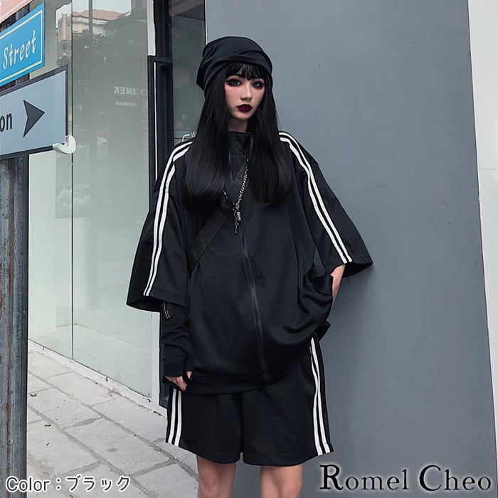 速達発送】 RomelCheo ビッグシルエット ライン ジャージ 上下 セット 半袖 ハーフパンツ スポーツ 運動 部活 服 メンズ レディース オーバーサイズ 夏 カジュアル 原宿系 ストリート系 ペアルック リンク お揃い コーデ ロメルチェオ romelcheo 新品 アディダス メンズ 上下セット XLサイズ 夏秋 黒Tシャツ ハーフ