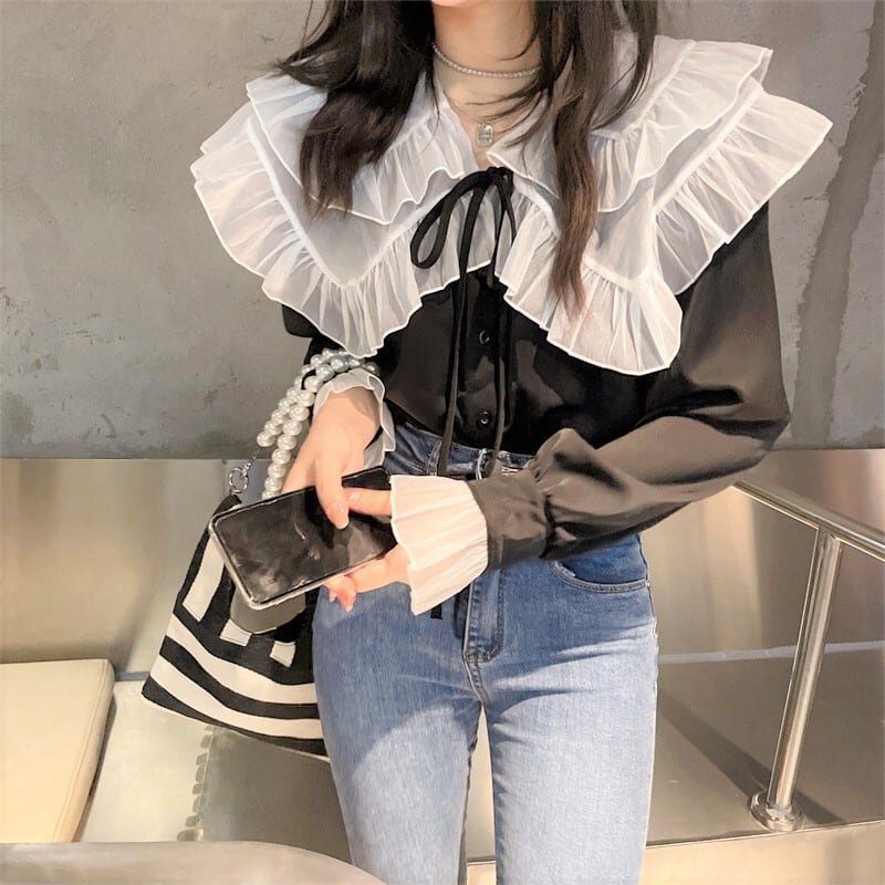 小悪魔 ガーリー ブラウス シフォン フリル ビッグカラー リボン バルーン袖 ふんわり フェミニン 地雷系コーデ かわいい キュート Lamitte Deco トレンド 韓国ファッション ショップ Base店