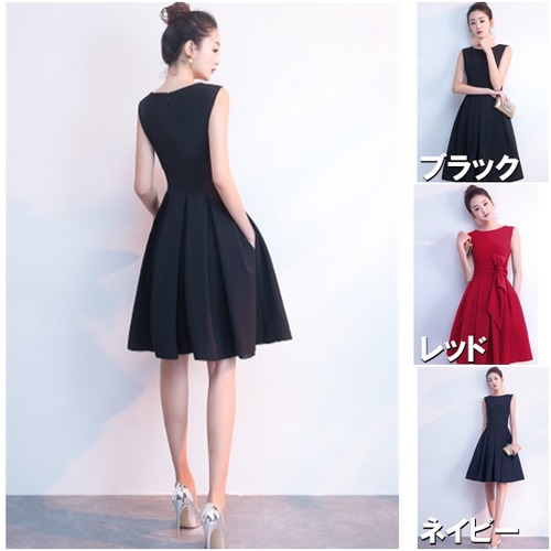 演奏会ドレス イブニングドレス 無地 大きいサイズ 2XL 3XL パーティードレス Ｕネック ノースリーブ Aラインスカート ショートスカート お呼ばれ フォーマル ウエストリボン エレガント
