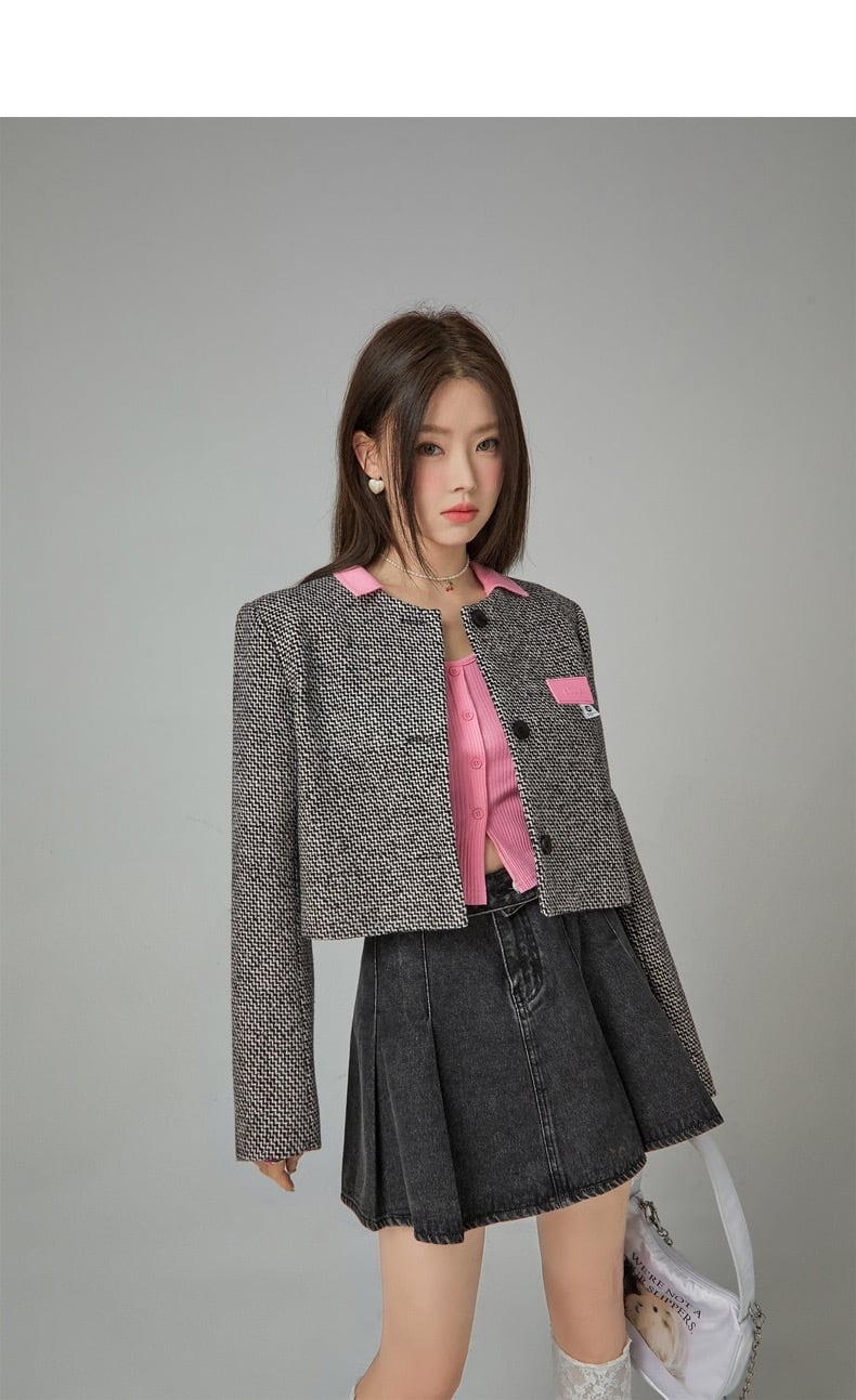 ジャケット チェック 黒 ピンク ツイード トップス ピンク 緑 ボーダー