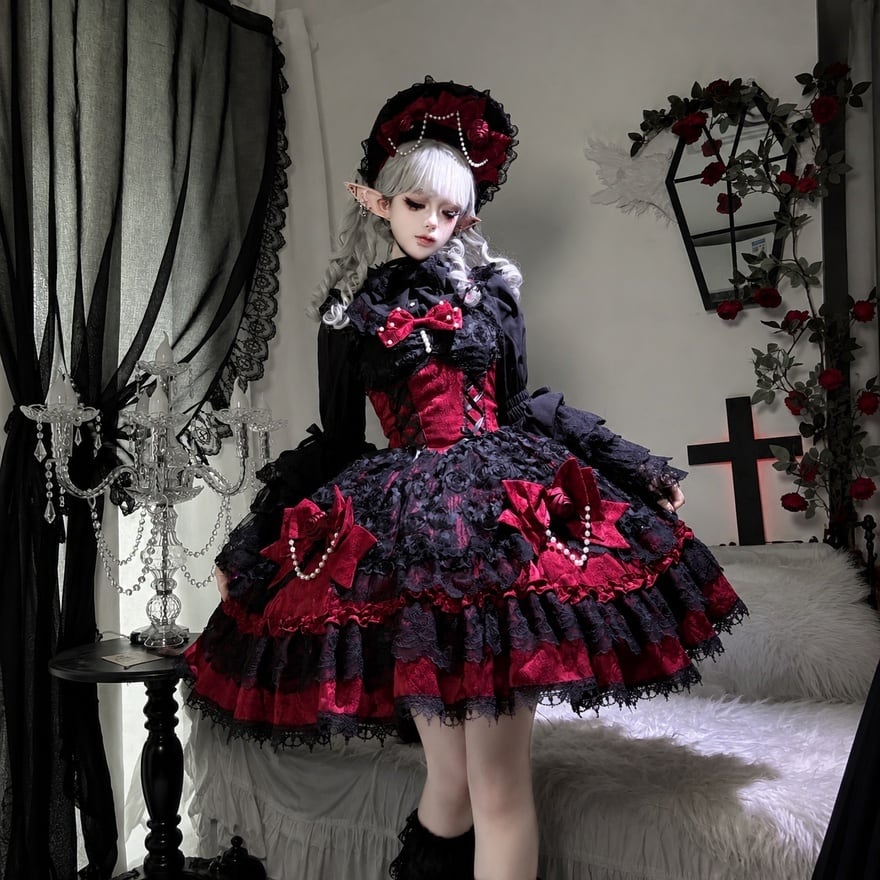 深紅に咲く黒薔薇 ローズボンネットバックリボン付きゴスロリ3点セット