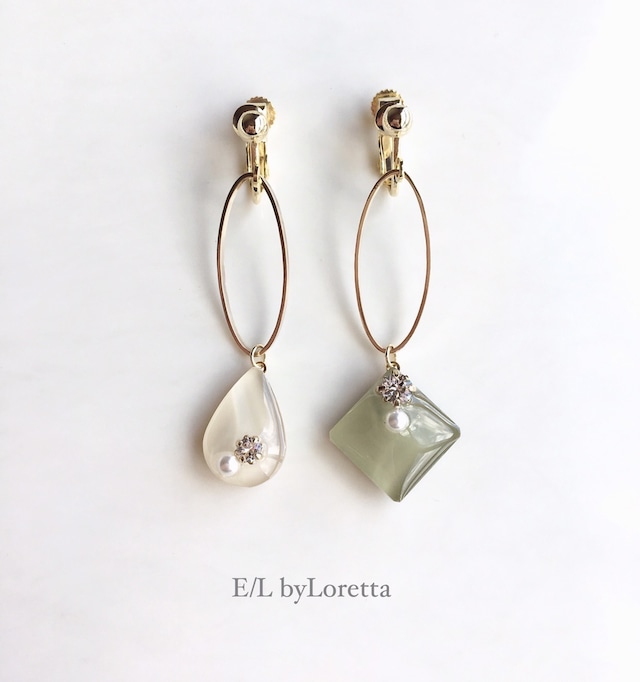 Asymmetry Shizuku square oval hoop pierce/earring(Olive×Ivory)