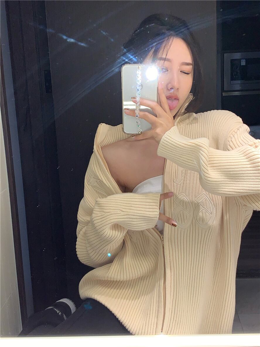 ジッパーカーディガンジャケット スプリングスタンダードスタイルルーズニットトップス セーター レトロ 春物 ブラックストロベリース23995342208