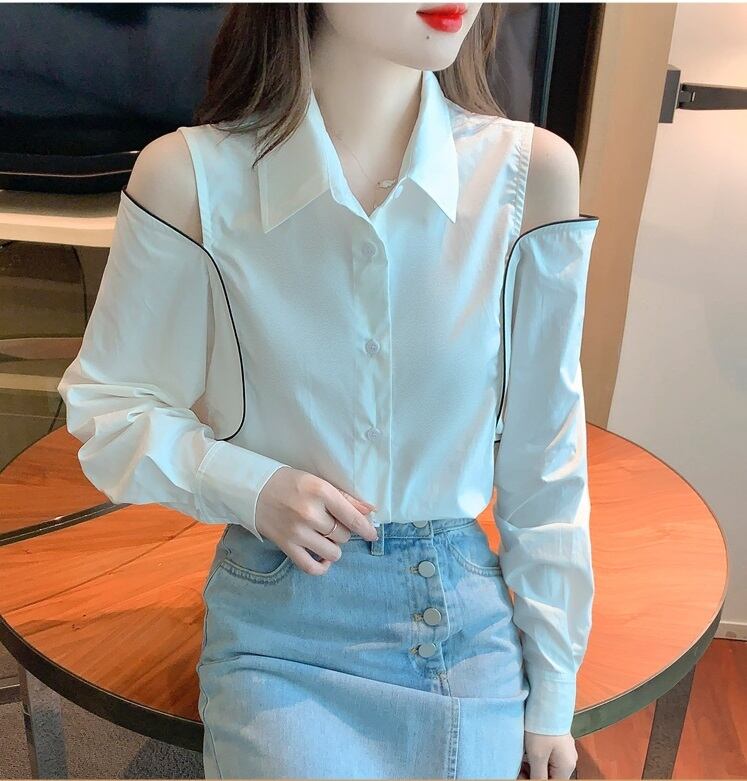トップス シャツ ブラウス 白シャツ ミディアム丈 ミドル丈 レギュラー丈 長袖 ボリューム袖 ドロップショルダー 襟付き スリム タイト 細身 裾イン 切り替えデザイン 前開き 薄手 かわいい 大人可愛い きれいめ シンプル カジュアル おしゃれ お洒落 ラフ 個性的 セクシー 無地 春 夏 秋 冬 オールシーズン シーズンレス 10代 20代 30代 レディース 学生 通学 デート お出かけ 女子会 休日 旅行 ショッピング 着回し 普段使い 重ね着 S M L XL 2XL ジャスト ホワイト