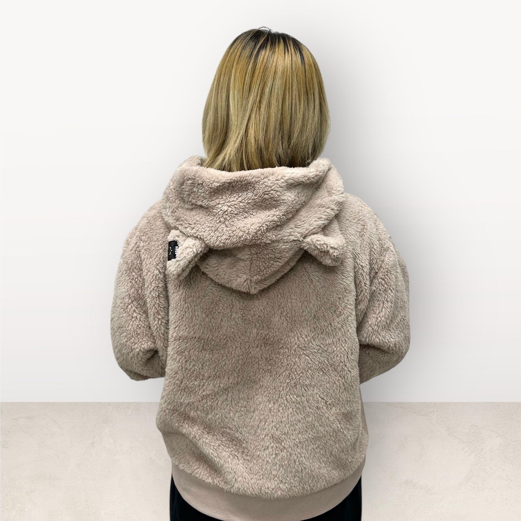 レディースフリーサイズ もこもこネコ耳フードzipパーカー くすみ