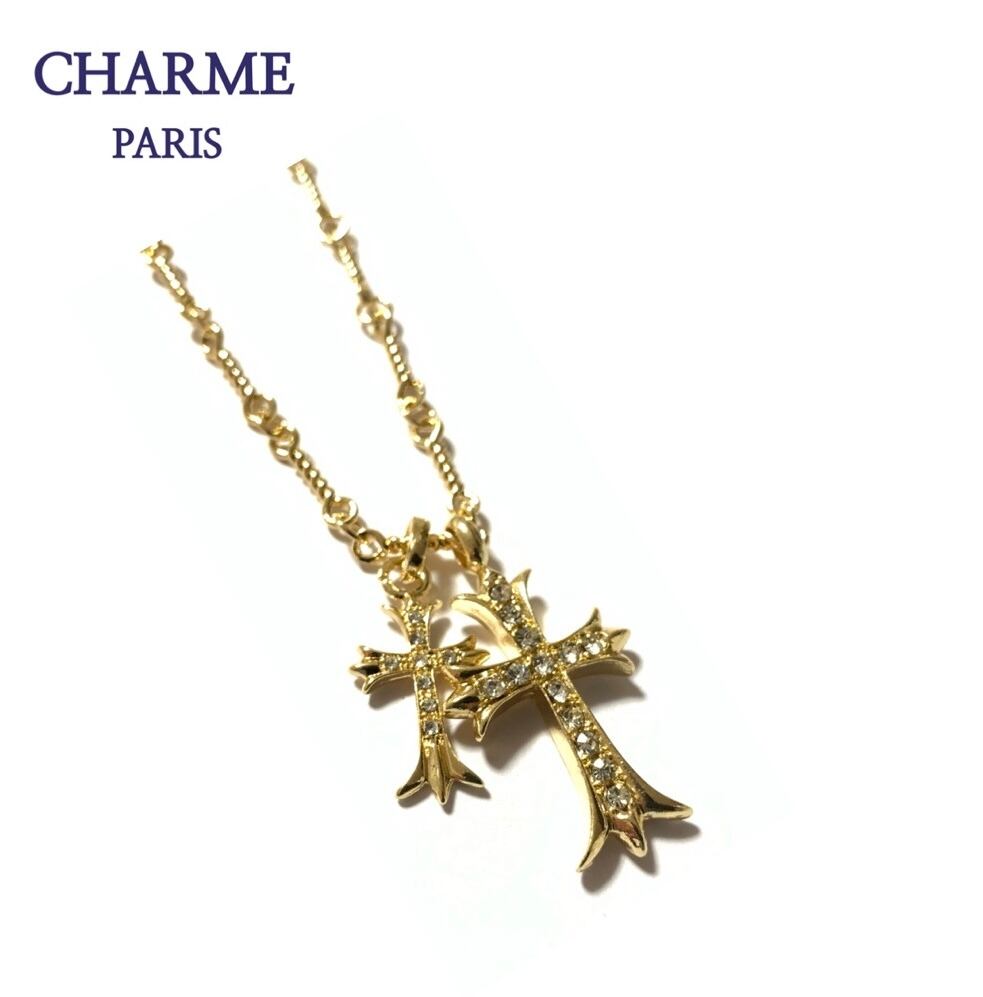 18kplating cz diamond 2連charm cross necklace