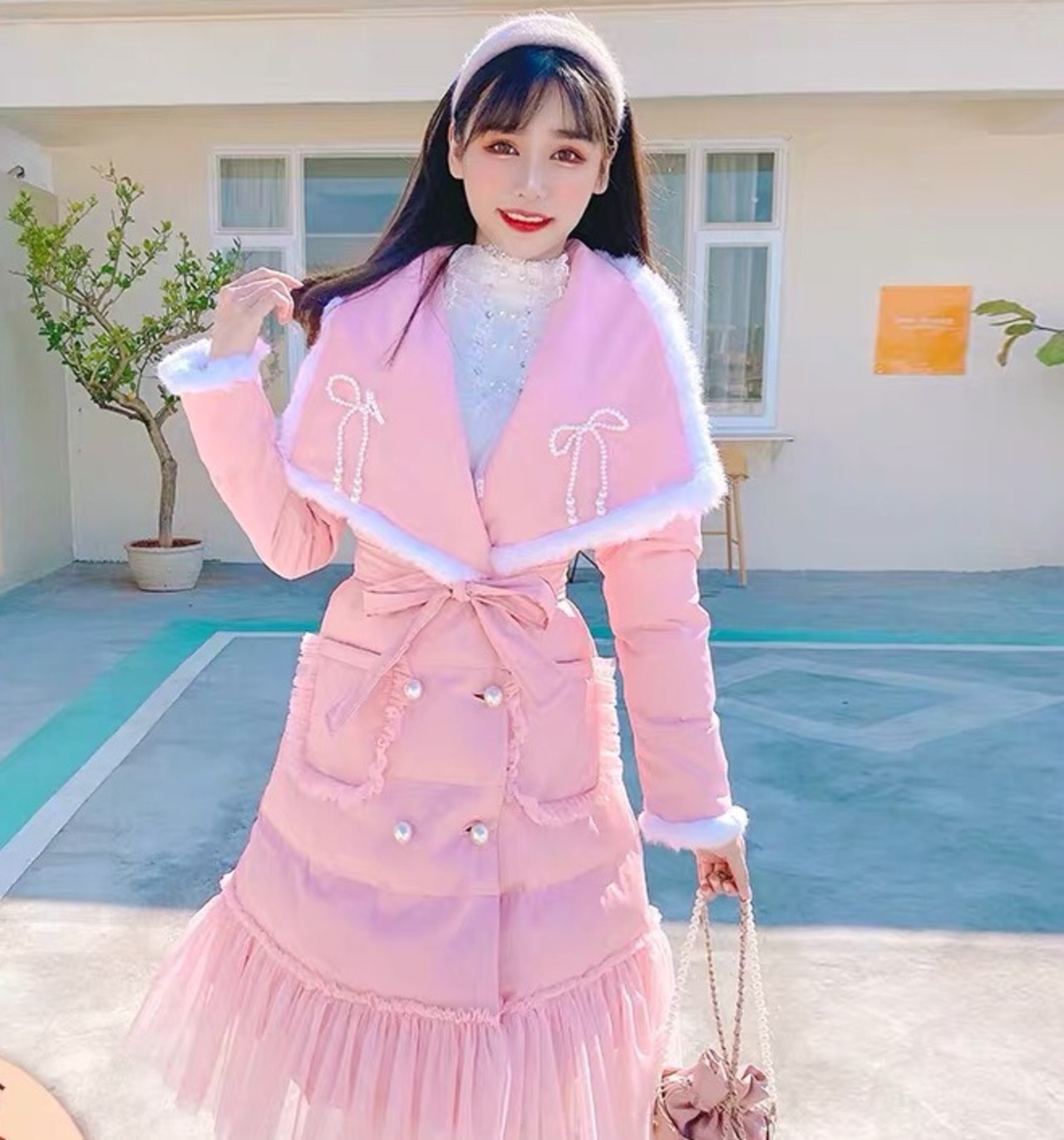 ピンク ダウン コート 襟 ガーリー ロング アウター ジャケット ファー 