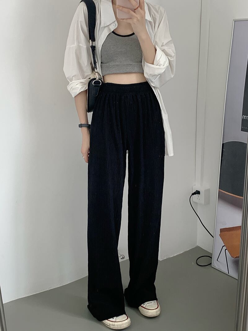 ブラックストレッチハイウェストウェストカジュアルパンツ サマー薄手ルーズ エラスティック 伸縮 夏物 モンロー64506888757
