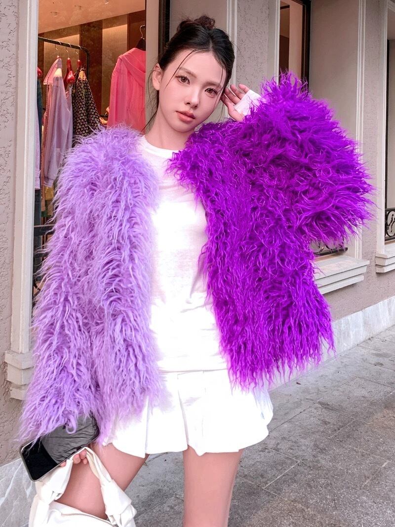 紫 ピンク バイカラー ファー コート | LOVEYsmileSHOP