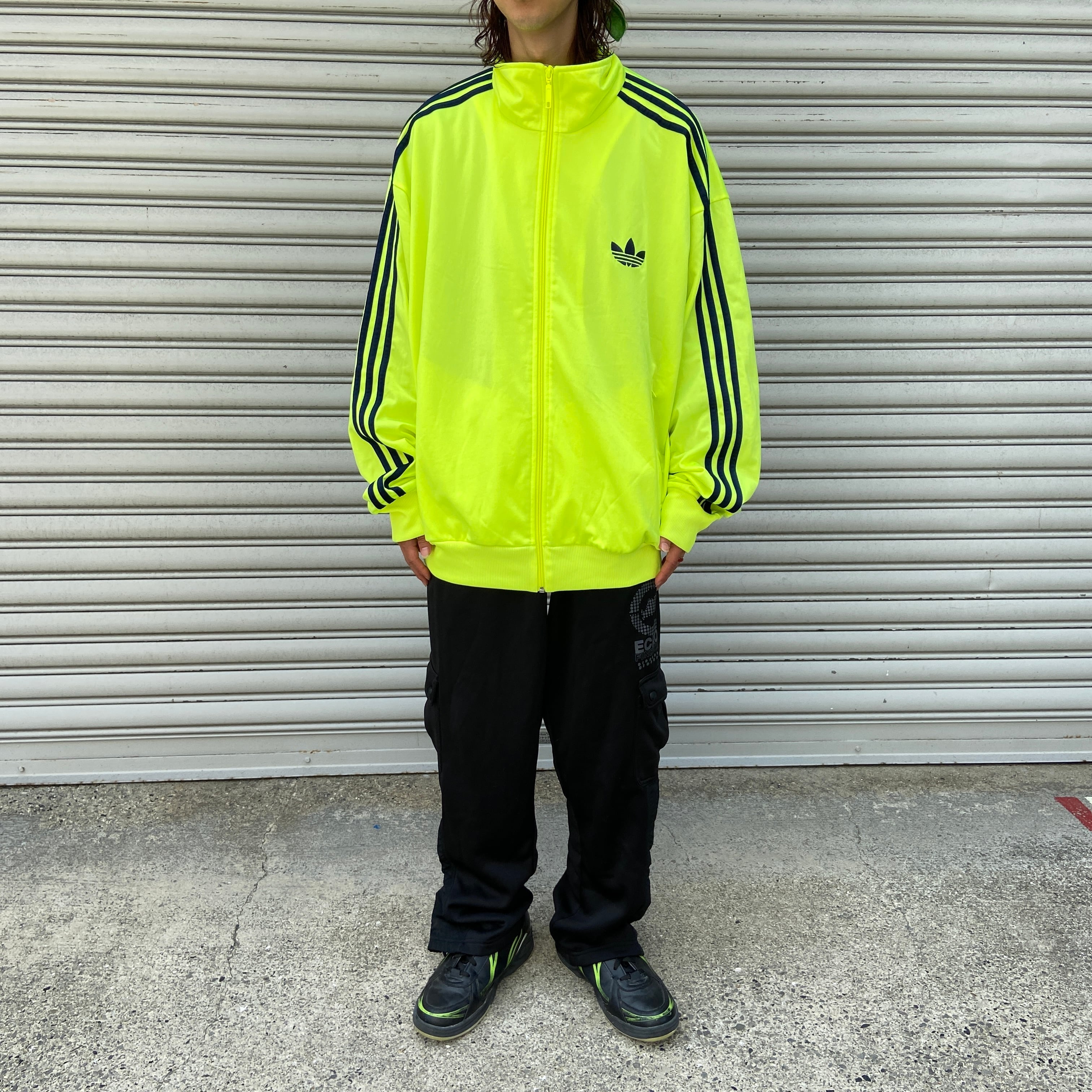 90s XXL Adidas ネイビー×蛍光イエロー ナイロンジャケット