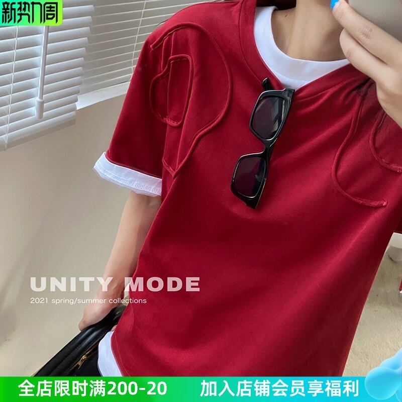 レッドTシャツ サマールーズラウンドネックプルオーバー トップス 夏物 Oネック ビッグFスモールZ韓国47525403270