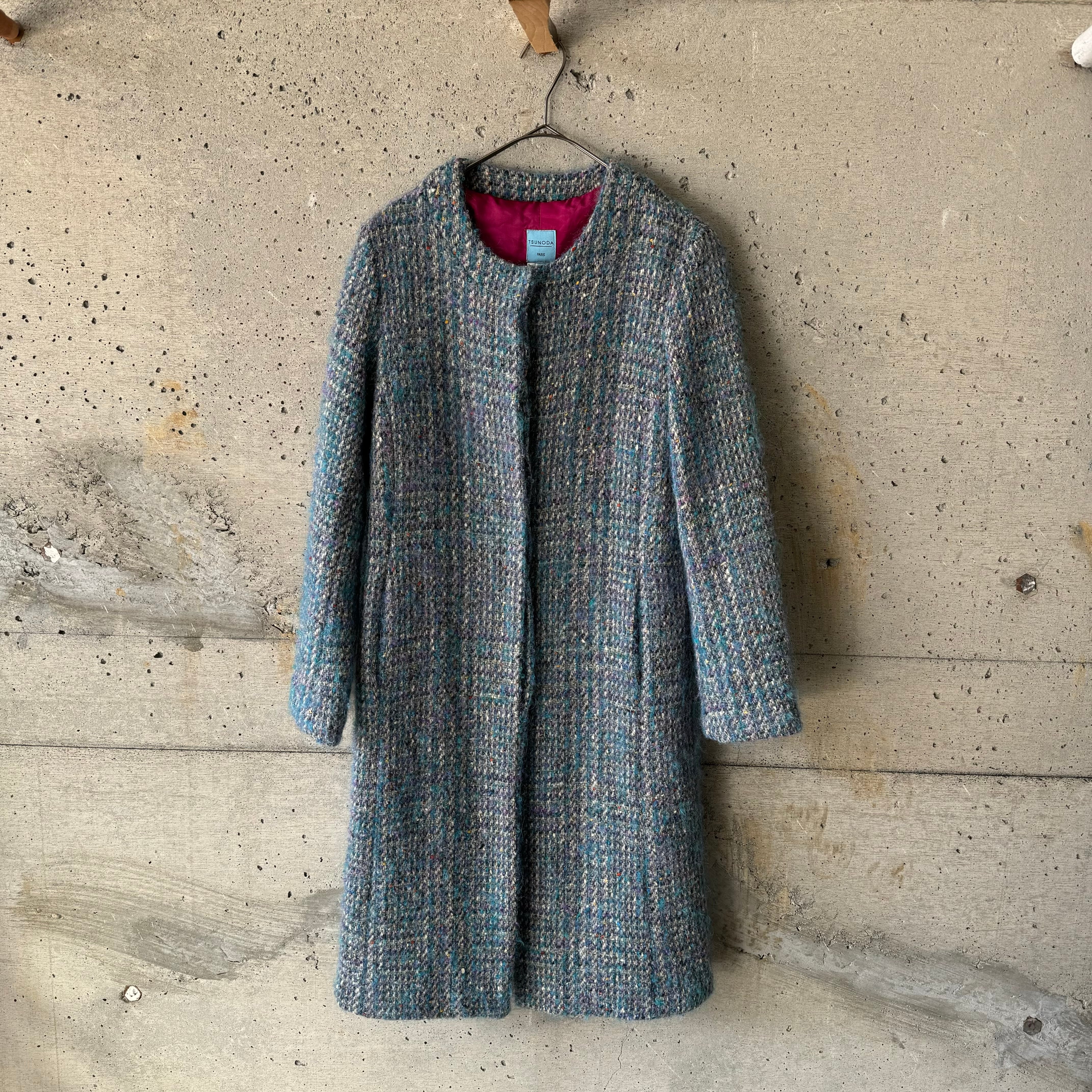 Flower button tweed long coat