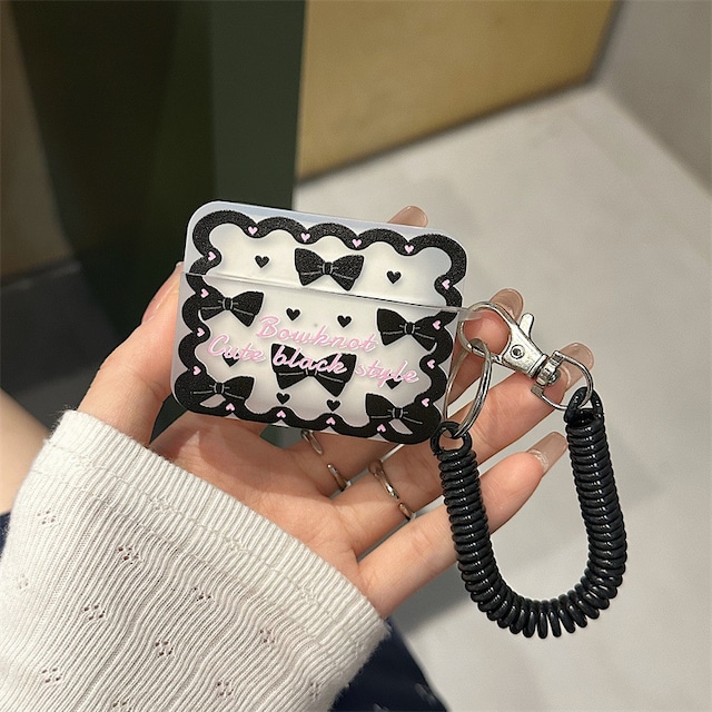 【Airpodsケース】ブラックリボン◎大人かわいい 半透明 ワイヤレスイヤホン 黒 ピンク 蝶々結び  AirPodsケース ND-15752