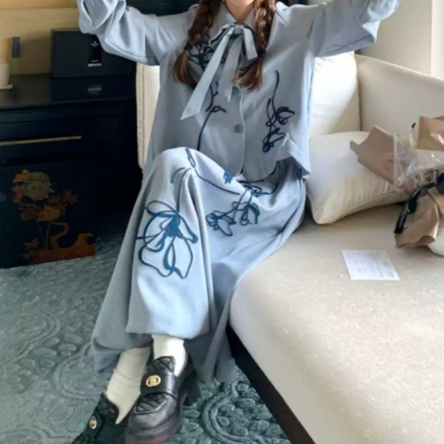 girly chic flower design shirt and skirt set up 0867