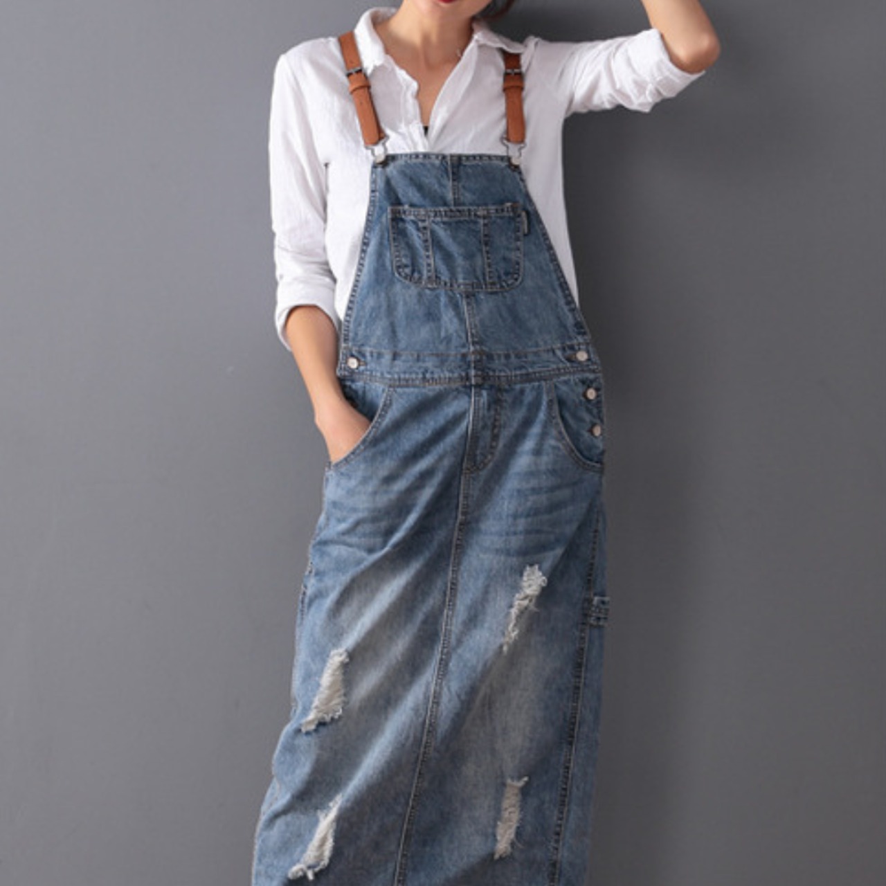 Leather Strap Denim Jumper Dress / レザーストラップ デニム ジャンパー ワンピース