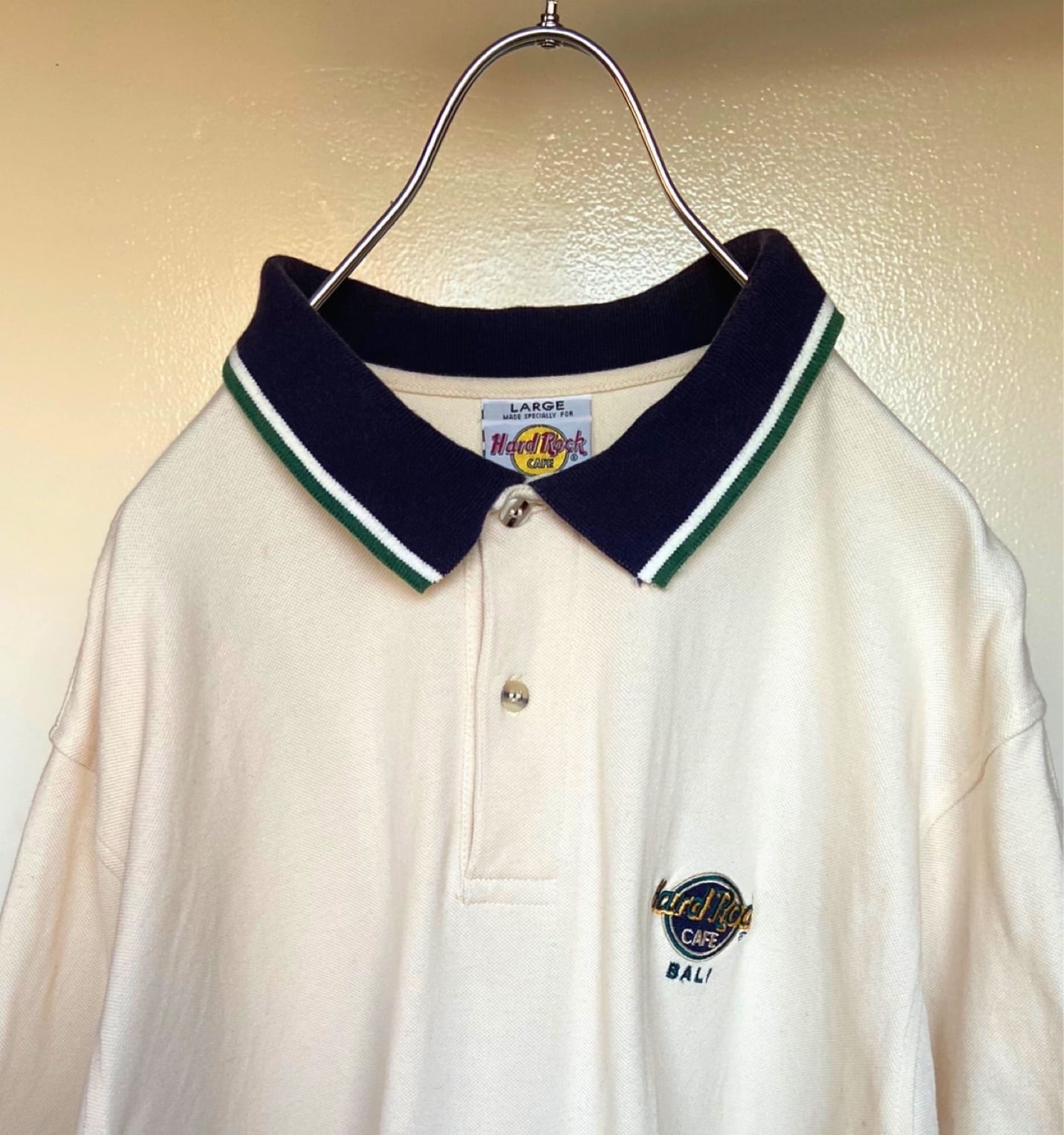 90s 古着 Hard Rock Cafe/ハードロックカフェ半袖 刺繍ロゴ付きポロシャツ ベージュホワイト