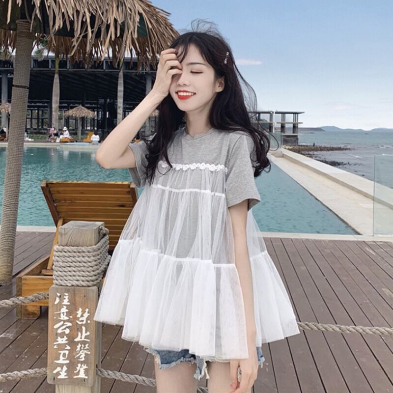 スタイルインスーパーファイヤーネットレッド半袖Tシャツレディース2020新バージョンのスイートメッシュステッチラウンドネックトップ 1号婦人6434412590