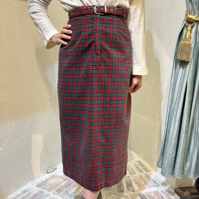 50's red×green check  skirt with belt