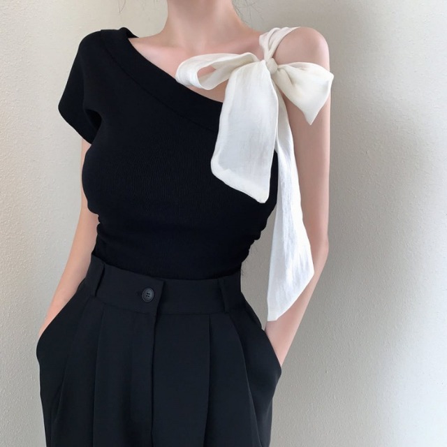 アシンメトリー リボン ニットトップス 3412771