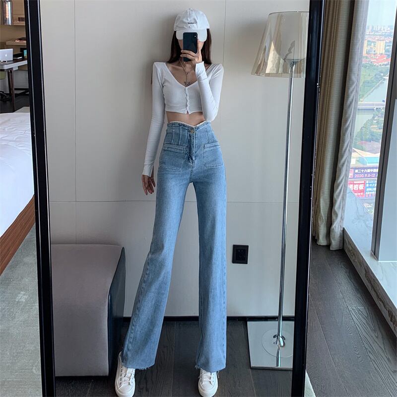 ジーンズ ハイウェストウェストスリムルーズスプリングスタンダードスタイルブルーパンツ レッド レトロ 春物 ブラックストロベリース65168467342