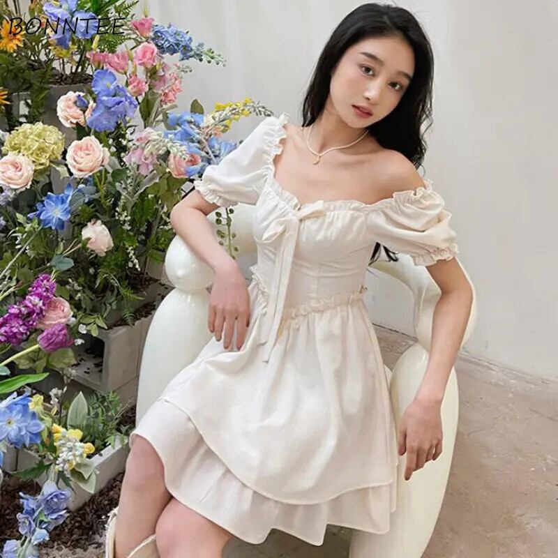 【新作】【送料無料】 ドレス女性レトロファッションインロマンチックなチュニック弓デザイン甘い女性の夏のパフスリーブパーティー着用 Vestidos 固体ミニガーリッシュ 0295343787507