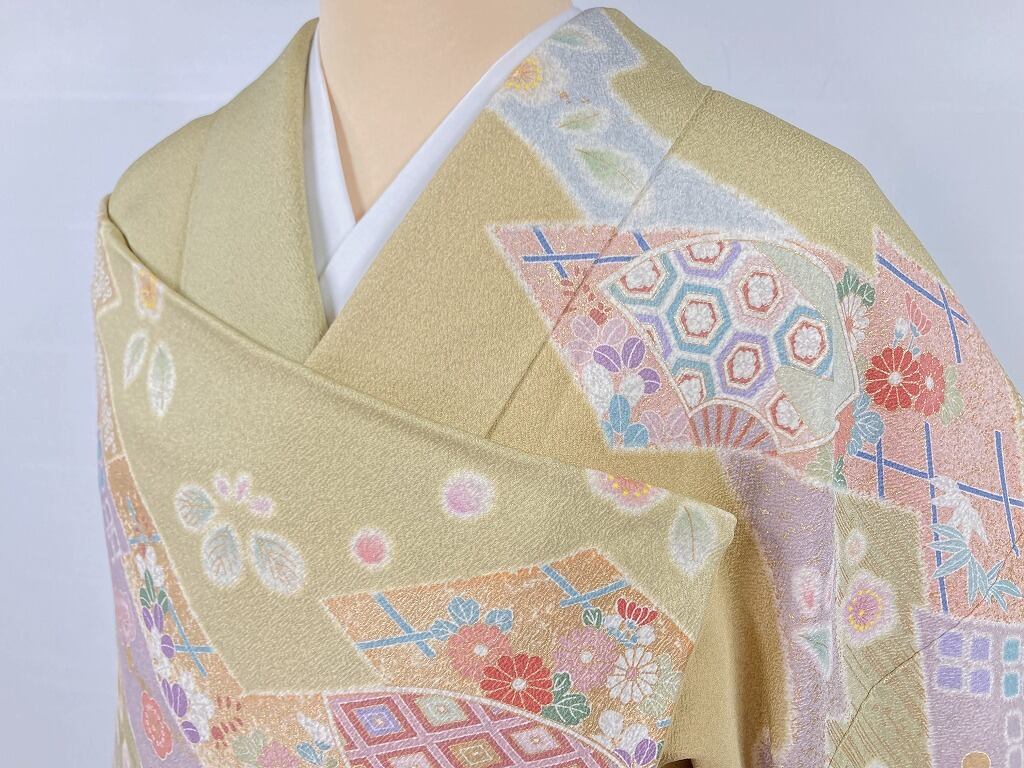 京友禅 染め分け 金駒刺繍 花柄 扇面 訪問着 正絹 黄色 黄緑 紫