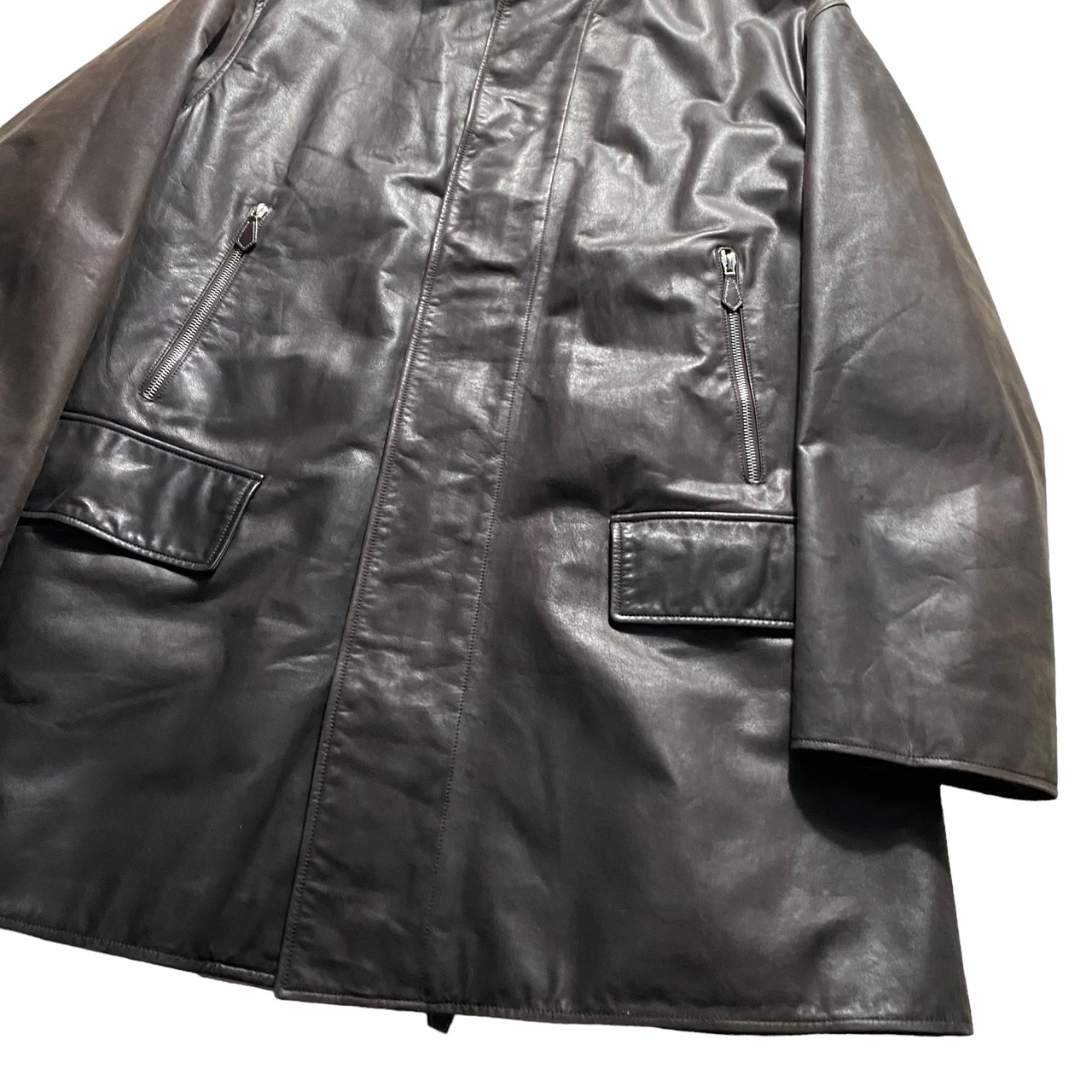 HERMES dark brown leather half coat