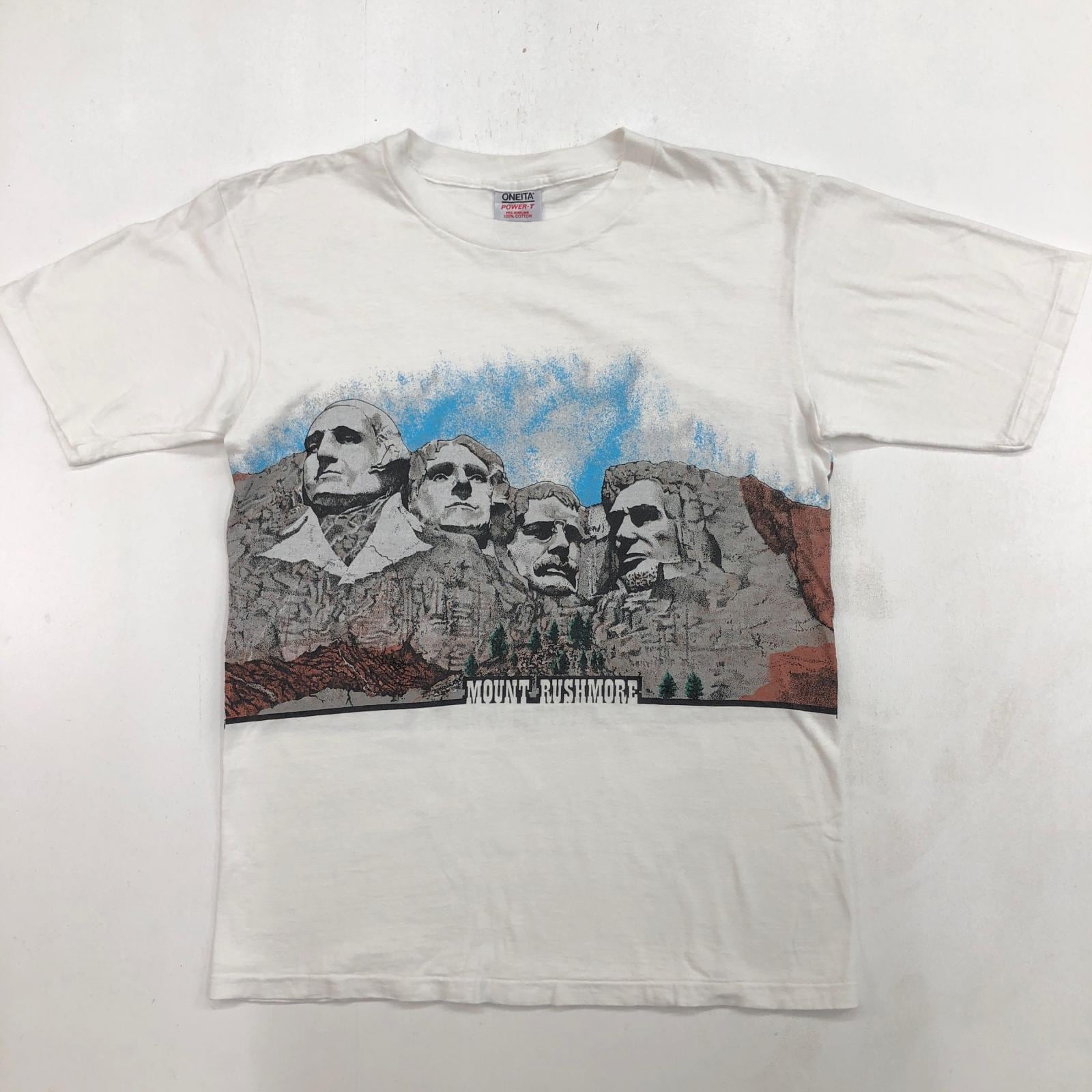 90s ONEITA USA製 Independence Day Tシャツ ONEITA オニータ 80- 90年代 MOUNT RUSHMORE 脇一周またぎプリント