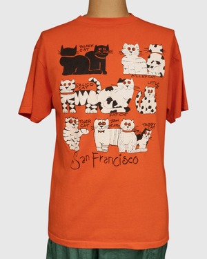 【古着】90’ｓSan Francisco土産 ねこ沢山発泡プリント オレンジT