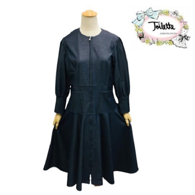 【トワレ toilette 新品】 ワンピース ストレッチ デニム コートワンピース LL ネイビー  大人かわいい服 ディリーウェアー 423-033