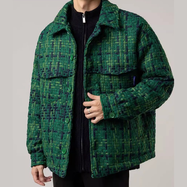 ツイード素材 中綿 ジャケット ダウン コート アウター メンズ 韓国ファッション 秋 冬 3色