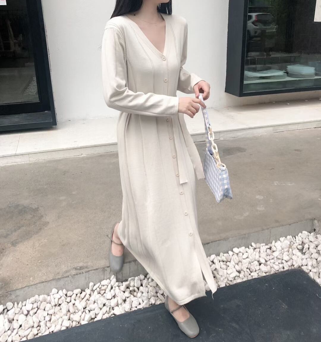 ベルト付き Vネックカーデワンピース　AJ1050-D004