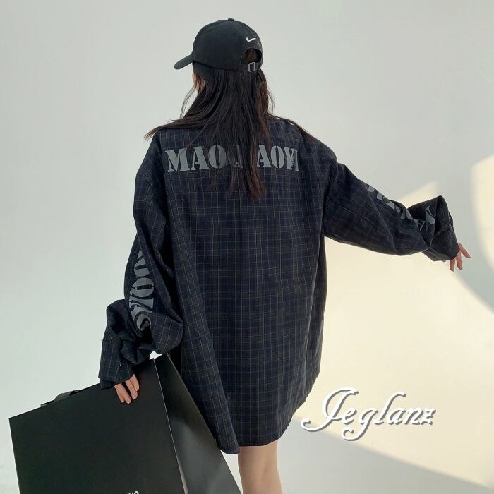 チェック 長袖 シャツ バック ロゴ オーバーサイズ ユニセックス(MD337)γα