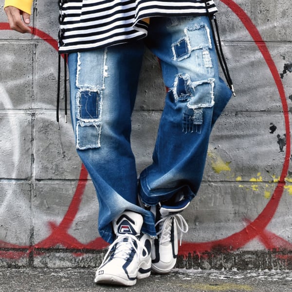 【CREO SELECT】Patch Work Denim Wide Pants/43898k【ワイドシルエット/ボトムス/ワイドパンツ/デニム/メンズ/ユニセックス/ストリート】