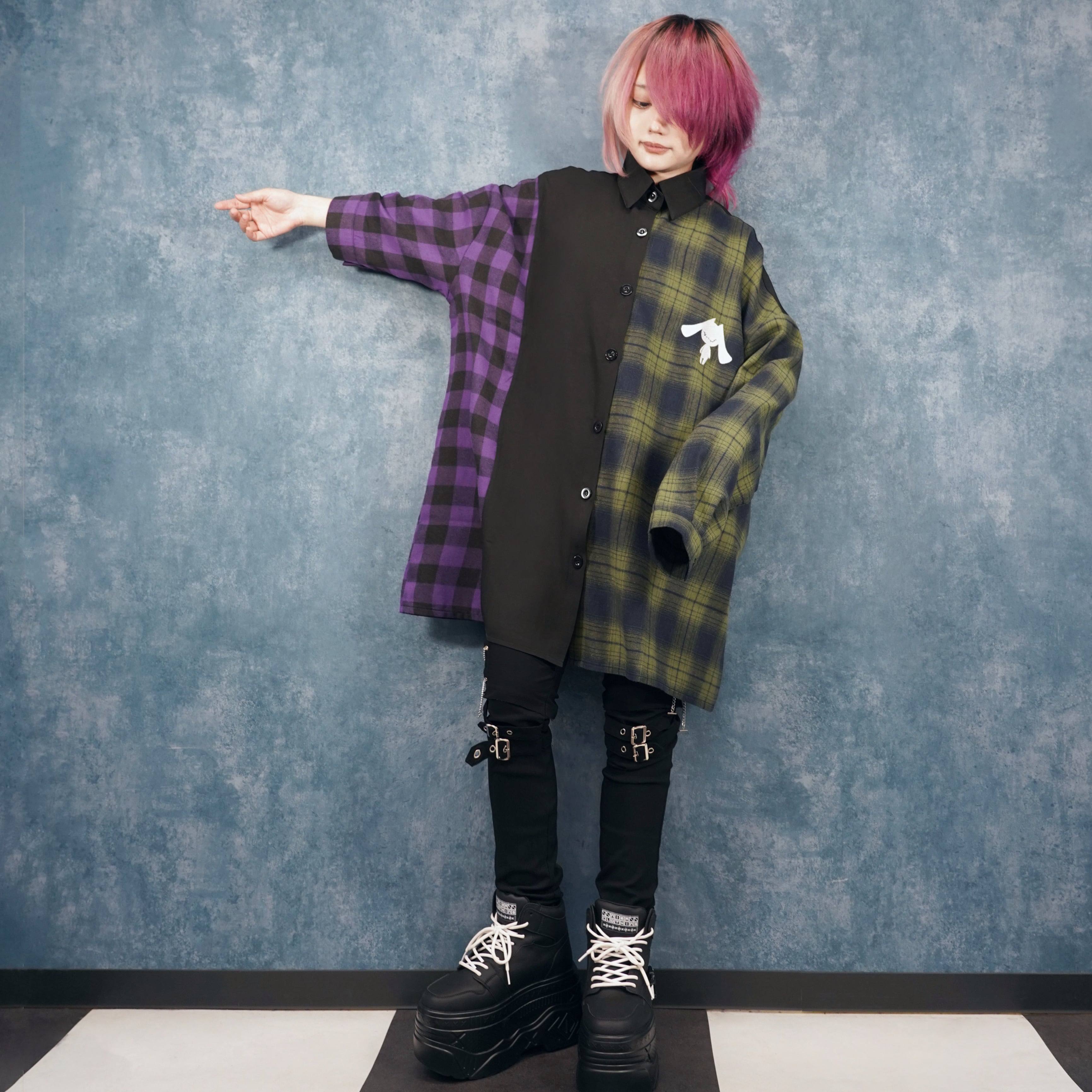 超OVERSIZE 袖丈アシンメトリーチェック柄切替シャツ | NIER CLOTHING