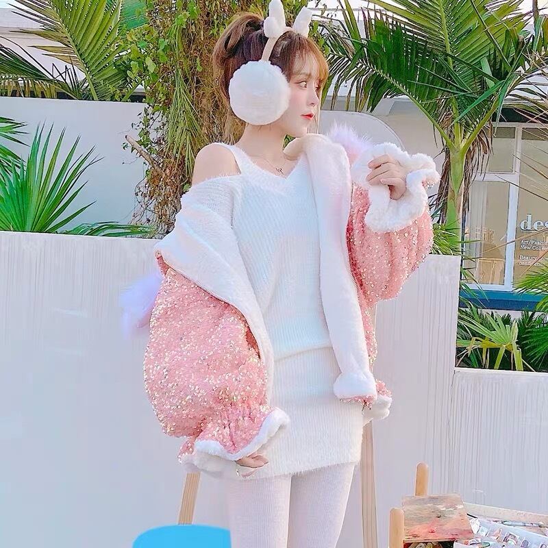 ピンク オレンジ ファー キラキラ コート アウター ジャケット