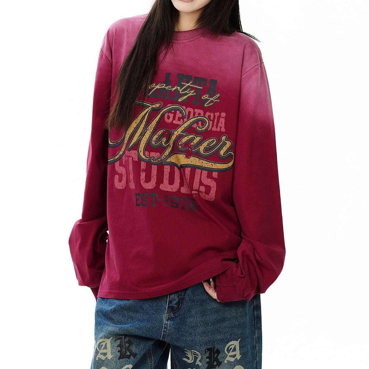 フェードカラーカレッジロングスリーブTシャツ 1col R02481