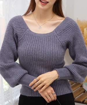 ボリューム袖 スクエアネック ニット