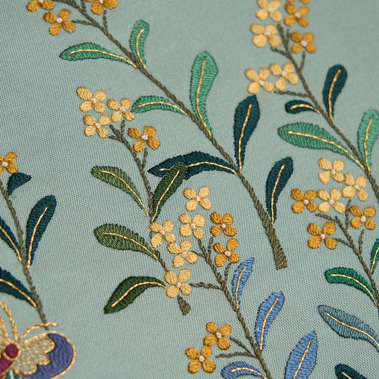 菜の花に蝶々の模様 手刺繍名古屋帯【中古】 | かわの屋