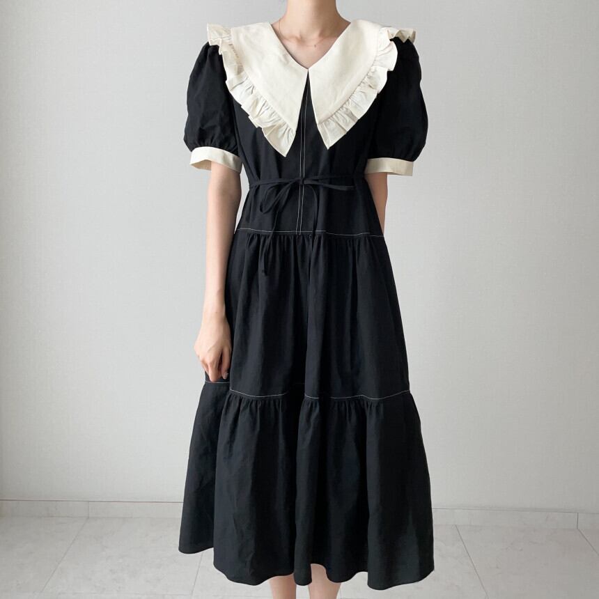 ワンピース レディース ロングワンピース マキシワンピース ティアードワンピース 半袖 パフスリーブ ロング丈 マキシ丈 襟付き 襟あり バイカラー リボン ウエストマーク きれいめ 綺麗 かわいい 大人可愛い きれいめ 大人 上品 おしゃれ お洒落 シンプル 清楚 フェミニン ブラック ホワイト 春 夏 秋 10代 20代 30代 40代 オフィス ビジネス OL 通勤 学生 通学 デート お出かけ 女子会 着回し 普段使い 韓国 韓国系 ファッション コーデ 送料無料 体型カバー トレンド 流行