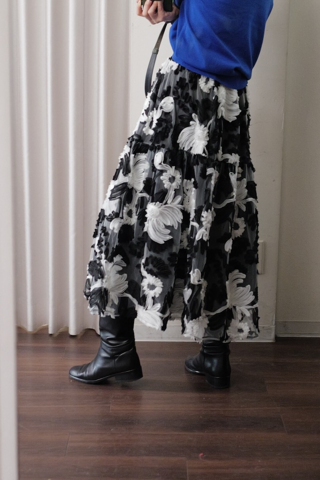 flower jacquard tulle skirt black white