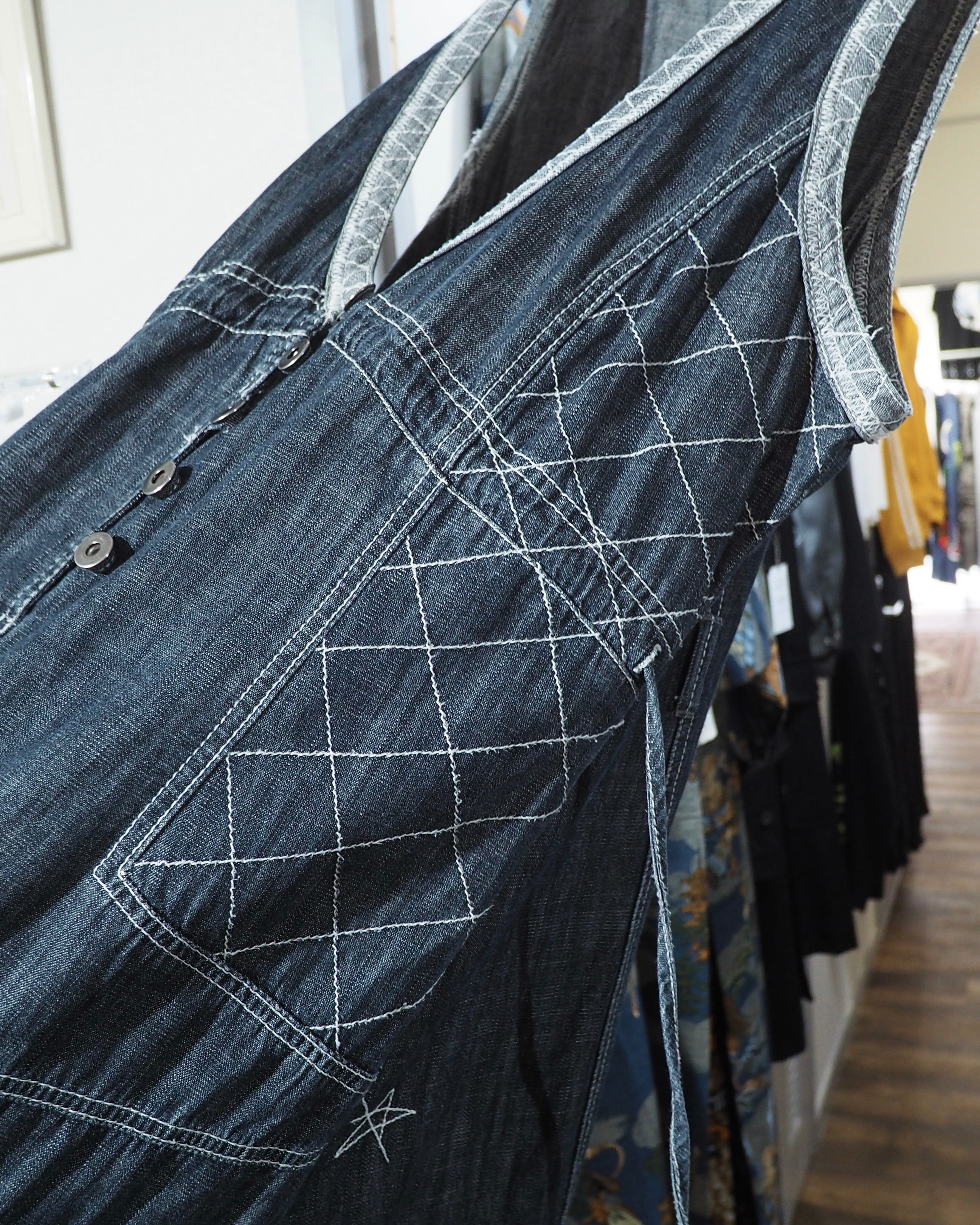 Random Patchwork × White stitch Embroidery vintage Indigo Denim Onepiece